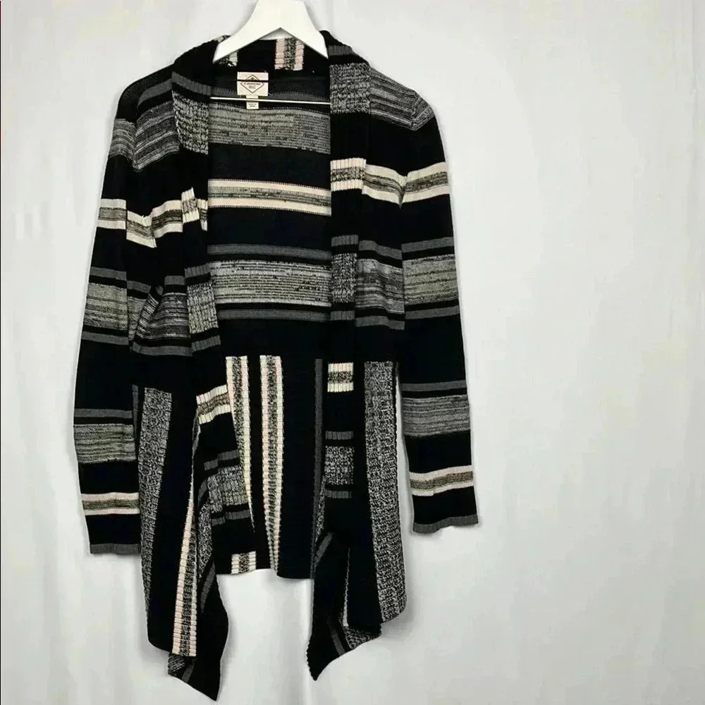 St. Johns Bay Womens Cardigan M Black White Gray Stripes Open Front Shawl Collar